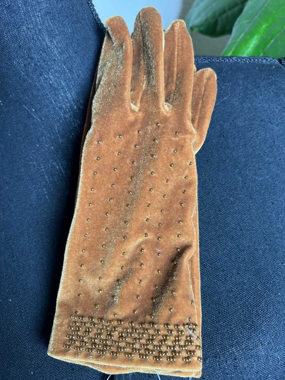Women’s Cognac Velvet Embellished Hand Beaded Gloves NEW One Size Elegant